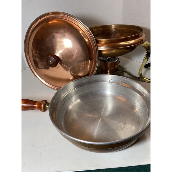 Rare ELECTRIC Copper Brass Chafing Dish 6 Pc Sterno Stand, Cord, 12”x12” VTG 50s - Picture 5 of 10